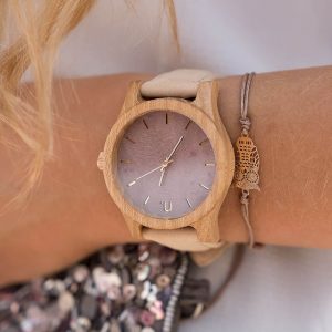 Dámske drevené hodinky Classic - Fialovo bežové