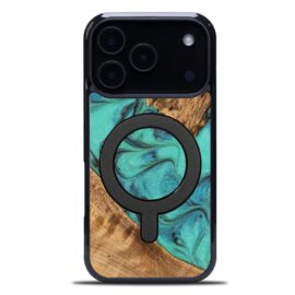 Drevený kryt na mobil so živicou iPhone 17 Pro - Tyrkys MagSafe