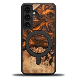 Drevený kryt na mobil so živicou Samsung Galaxy S25 - Oranžový s MagSafe