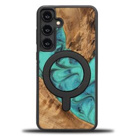 Drevený kryt na mobil so živicou Samsung Galaxy S25 Plus - Tyrkysová s MagSafe