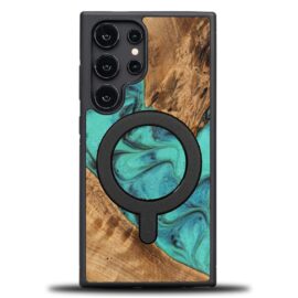 Drevený kryt na mobil so živicou Samsung Galaxy S25 Ultra - Tyrkysová s MagSafe
